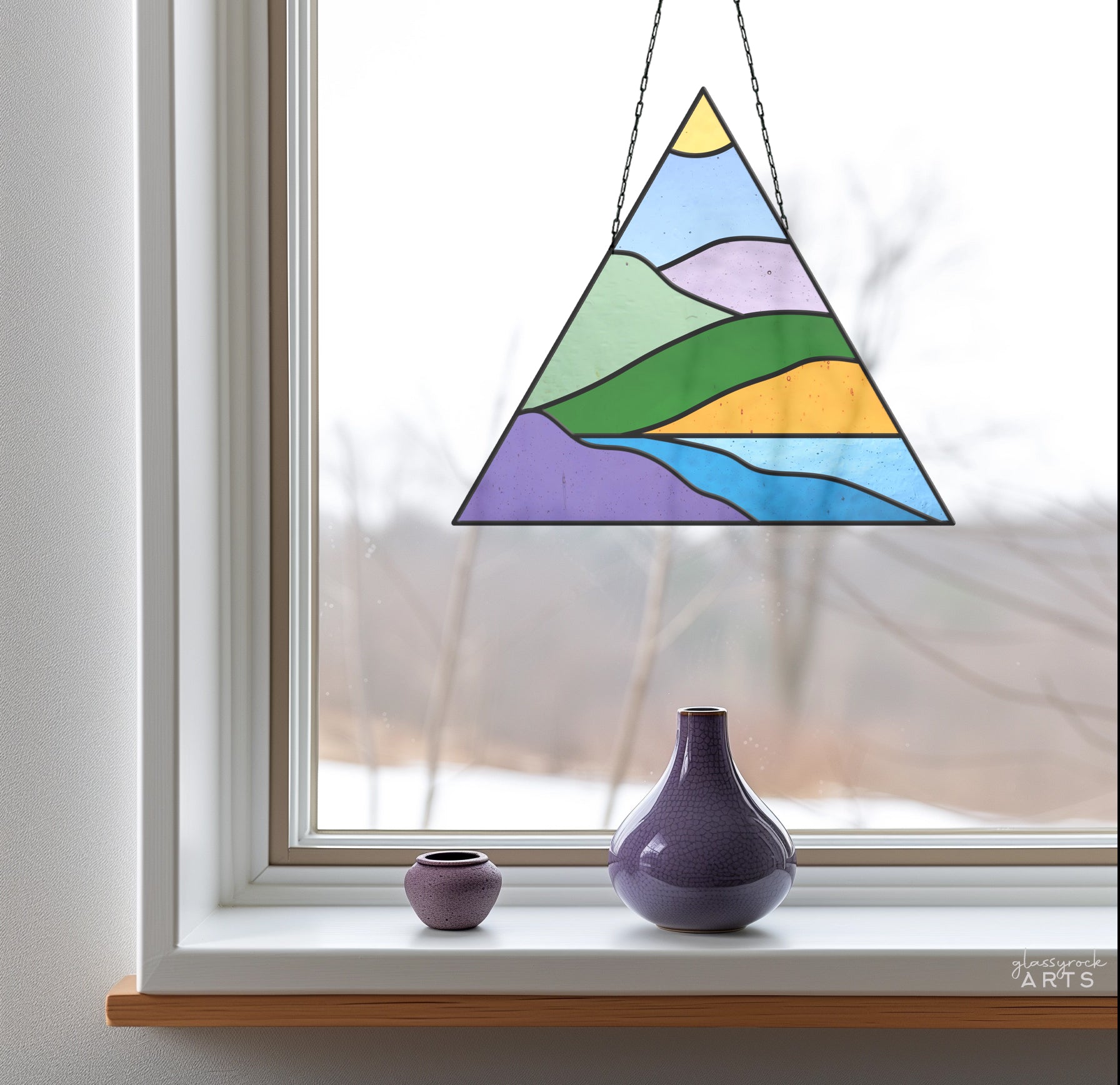 A picture of the Boho Landscape Triangle Stained Glass Pattern from GlassyRock Arts. 