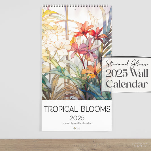 An image of the Stained Glass Tropical Flowers 2025 Wall Calendar, 9.5x17.25 inch, by GlassyRock Arts