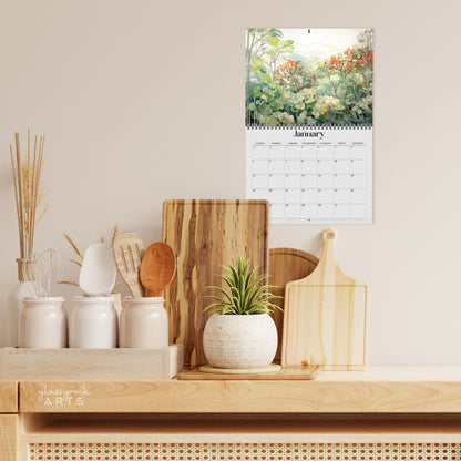 A kitchen counter with various utensils and a potted plant. Above hangs a 2025 Wall Calendar - Stained Glass Tropical Blooms opened to January, featuring an illustration of vibrant tropical flowers on high-quality paper.