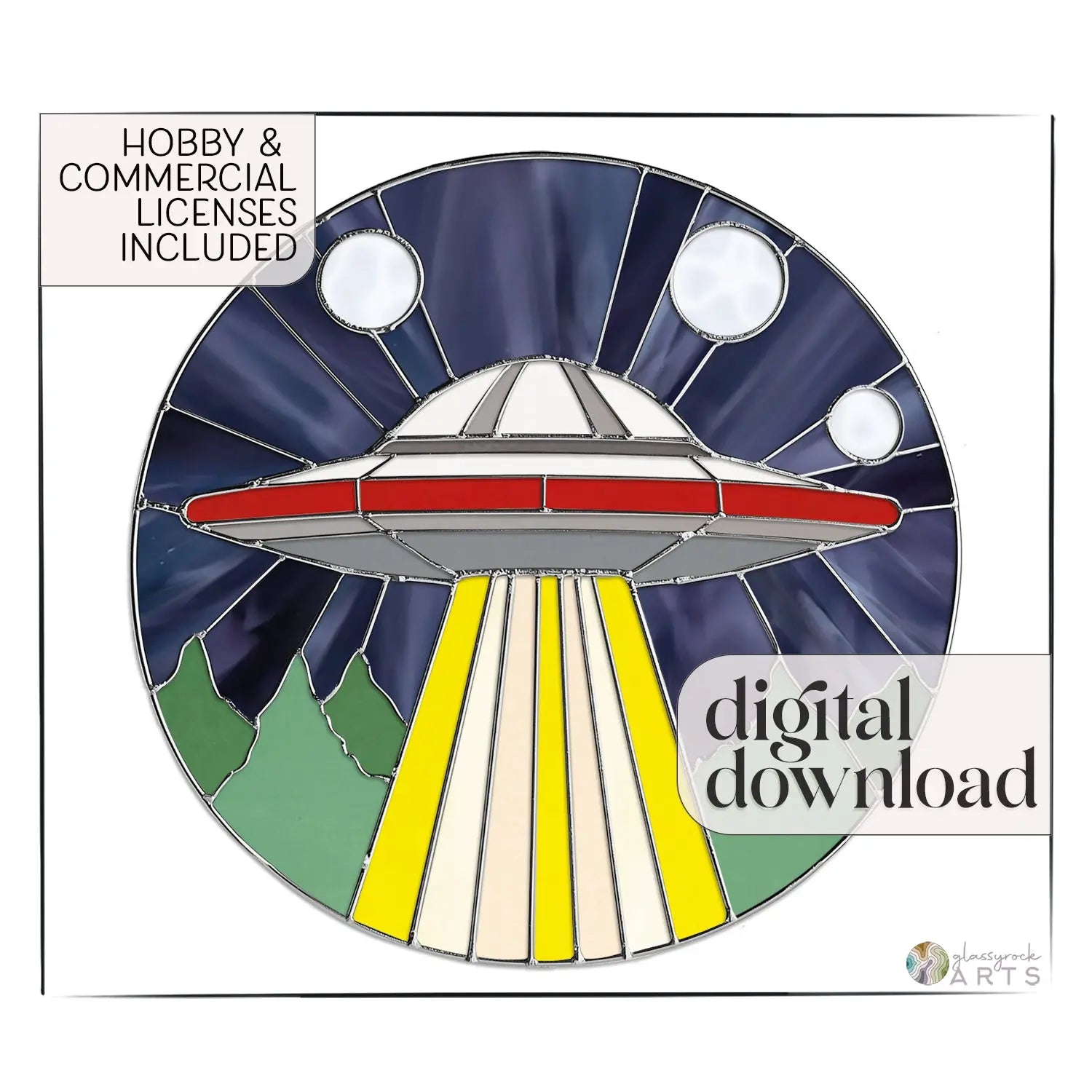 Illustration of the UFO Stained Glass Pattern showing a sun catcher with a yellow beam over mountains against a starry sky. Includes text: Hobby & Commercial Licenses Included and available as a digital download.