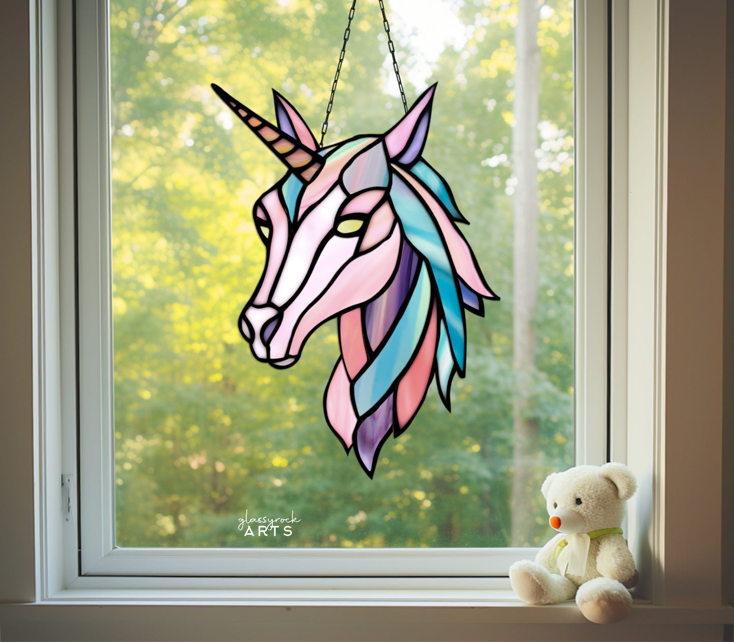 A picture of the Ethereal Unicorn Stained Glass Pattern from GlassyRock Arts. 