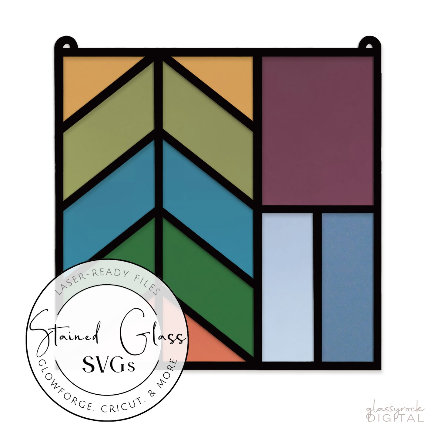 A picture of the Stained Glass Square Suncatcher Files for Laser Cutting, SVG, PNG, DXF from GlassyRock Arts. 