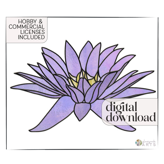 The Big Flora Giant Stained Glass Water Lily Pattern showcases a geometric, purple lotus flower with black outlines. It includes text stating Hobby & Commercial Licenses Included and digital download. A small circular logo is placed in the bottom right corner.