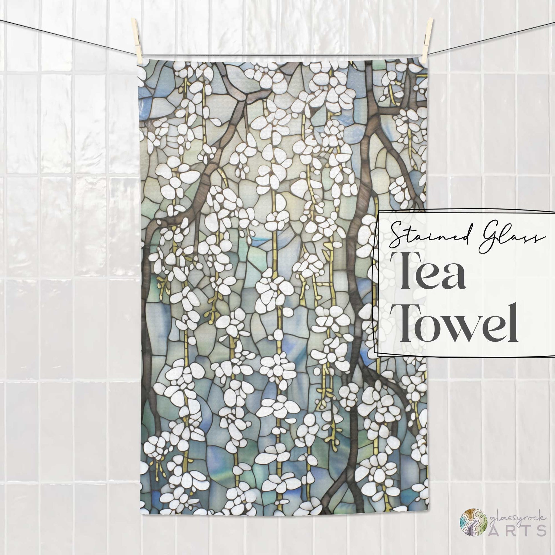 An image of the Stained Glass White Wisteria Tea Towel, from GlassyRock Arts.