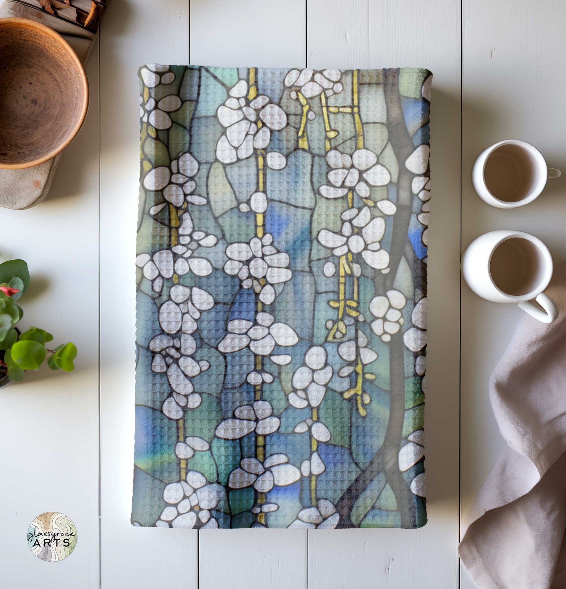 An image of the Stained Glass White Wisteria Tea Towel, from GlassyRock Arts.