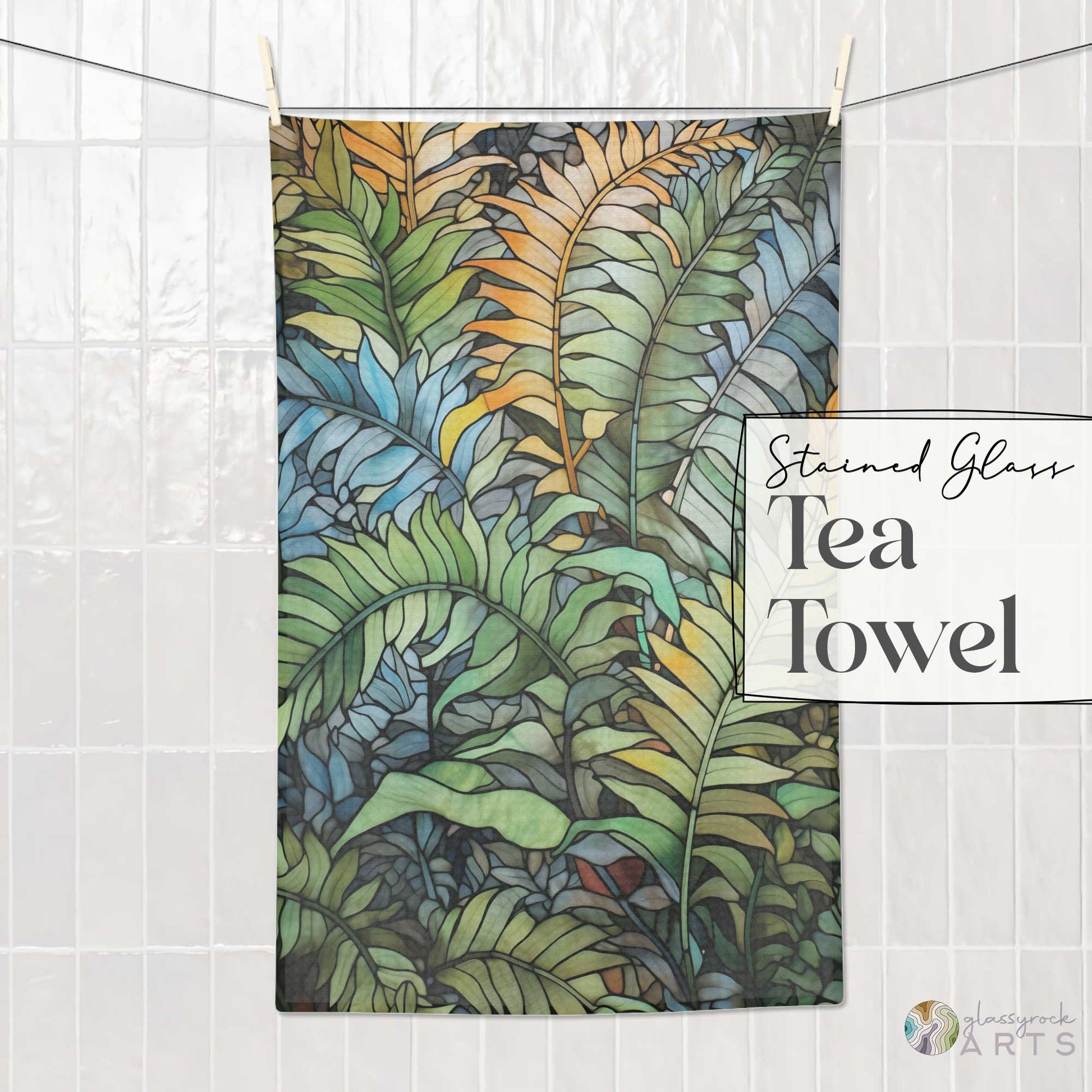 An image of the Stained Glass Wild Ferns Tea Towel, from GlassyRock Arts.