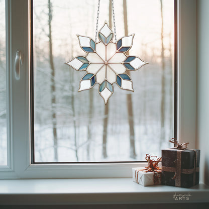 A picture of a gorgeous snowflake stained glass pattern from GlassyRock Arts.