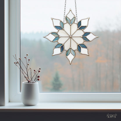 A picture of a gorgeous snowflake stained glass pattern from GlassyRock Arts.