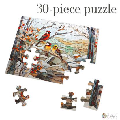 A picture of the Stained Glass Birds Jigsaw Puzzle - Winter from GlassyRock Arts. 