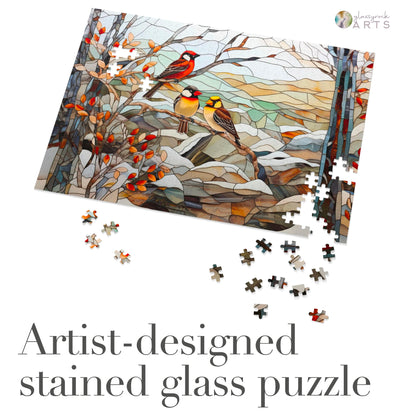 A picture of the Stained Glass Birds Jigsaw Puzzle - Winter from GlassyRock Arts. 