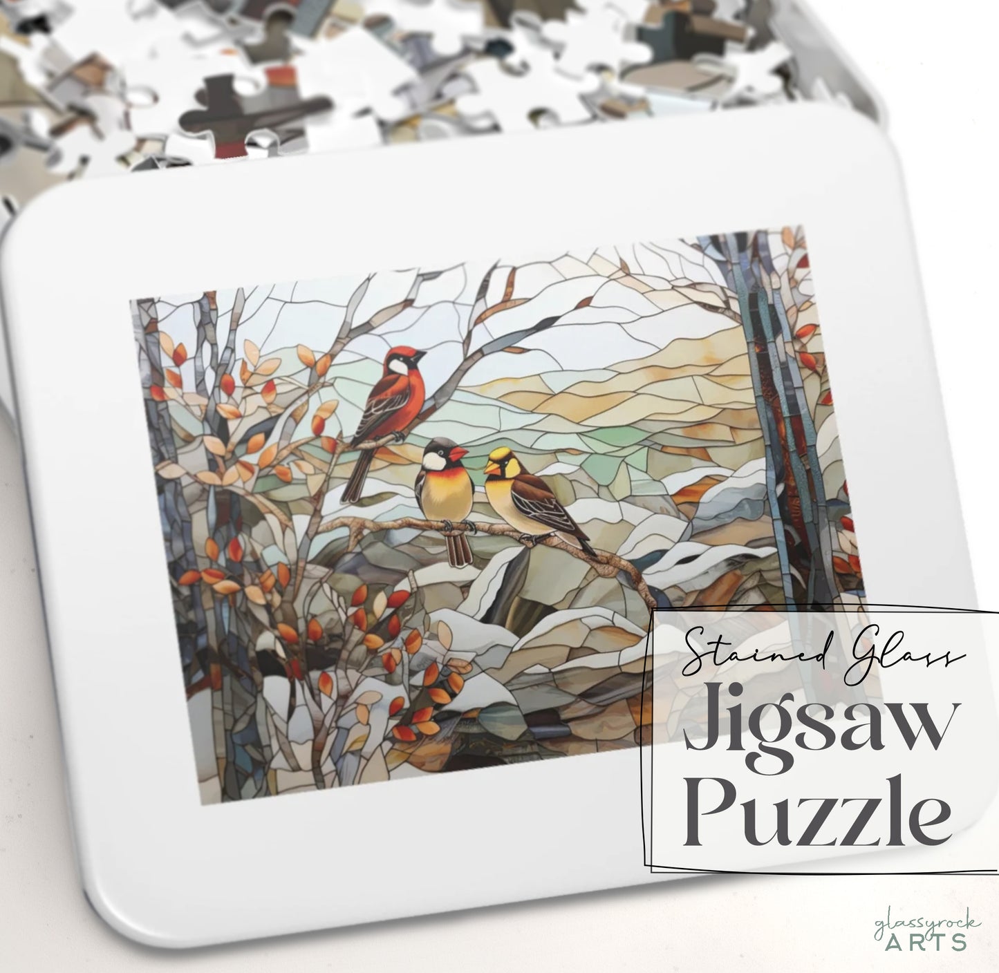 Stained Glass Birds Jigsaw Puzzle - Winter