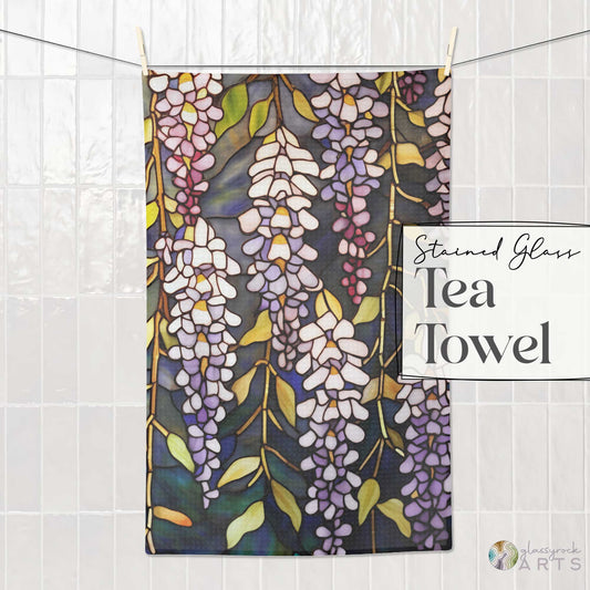 An image of the Stained Glass Wisteria Waffle Tea Towel, from GlassyRock Arts.