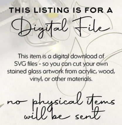 Explore the Stained Glass Agave Plant SVG download, perfect for laser cutting and crafting stunning stained glass artwork from various materials. Ideal for DIY plant lovers seeking unique gift creations. Note: digital files only, no physical items provided. Features decorative script fonts.
