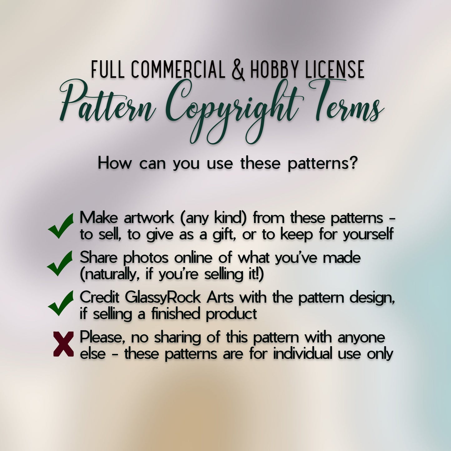 Full commercial and hobby license pattern copyright terms for GlassyRock Arts stained glass patterns