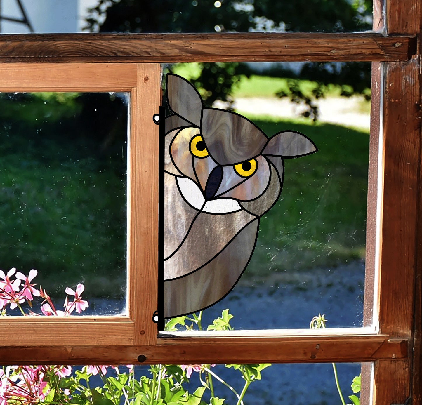 Animal stained glass patterns, horned owl, instant pdf downloads, one of four patterns in the pack, shown in a window