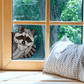 racoon stained glass pattern, instant pdf, shown in window with pillow