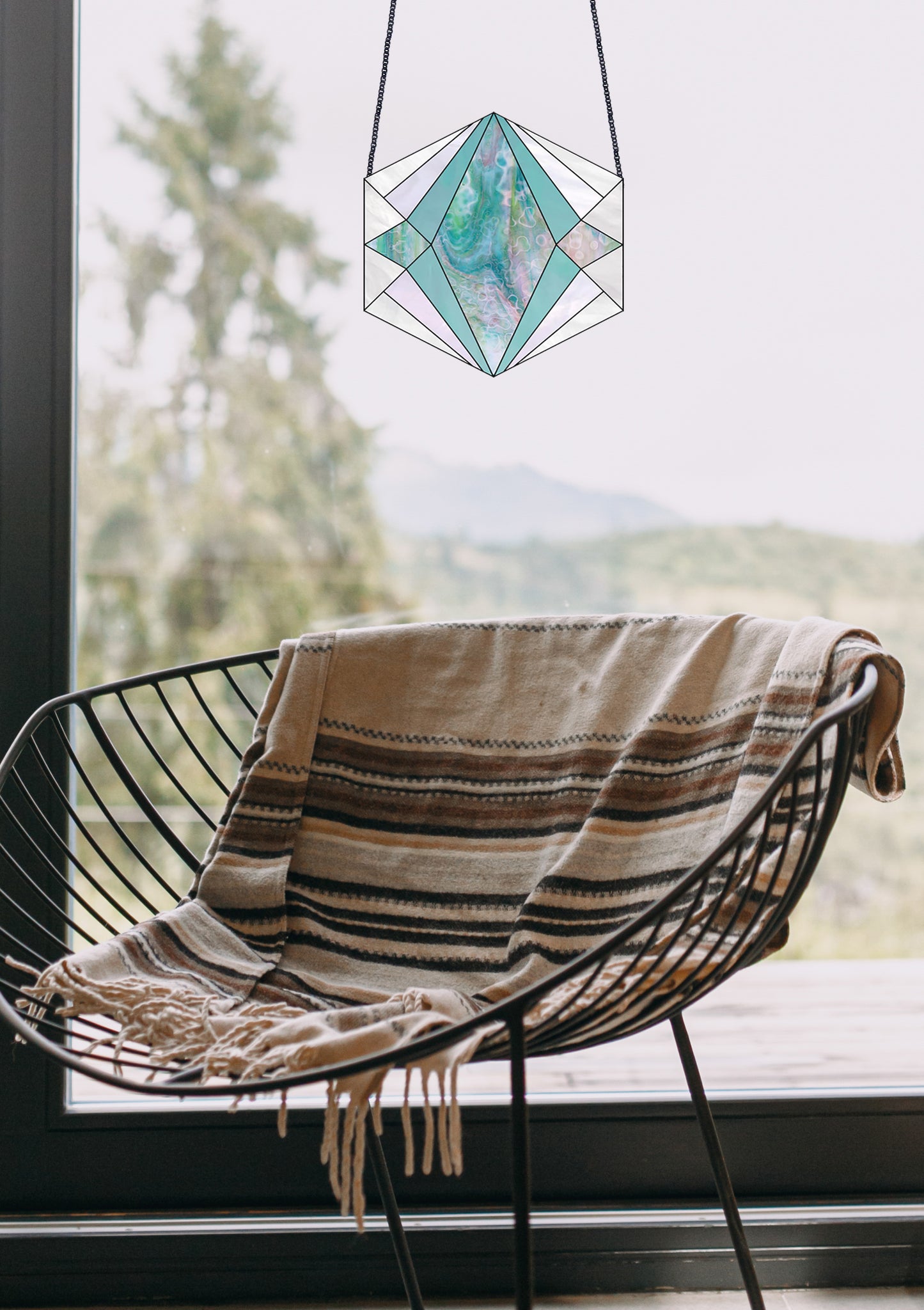 Beginner stained glass pattern for a boho geometric hexagon, instant PDF download, hanging in a window with a chair