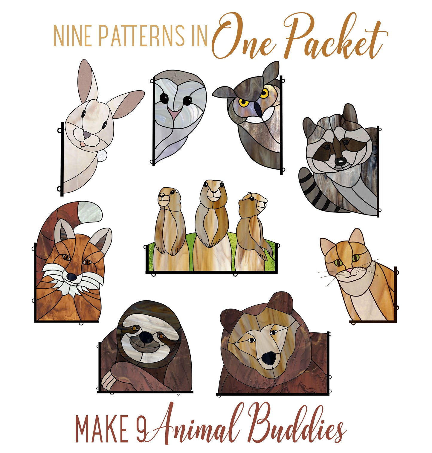 Animal Stained Glass Pattern 9-Pack - Owls, Bear, Cat, Bunny, Racoon Suncatcher Designs