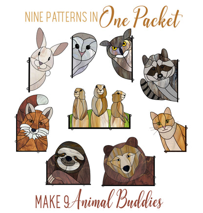 A picture of the Animal Stained Glass Pattern 9-Pack - Owls, Bear, Cat, Bunny, Racoon Suncatcher Designs from GlassyRock Arts. 