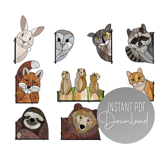 Animal Stained Glass Pattern Mega Pack - Mega Pack • 9 Animal Stained Glass Patterns - Owls, Bear, Cat, Bunny, Racoon Suncatcher Designs