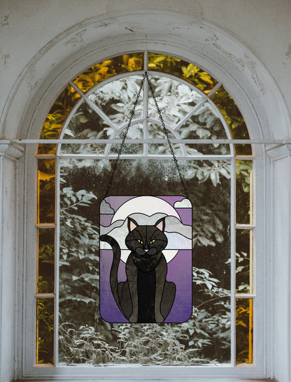 A picture of the Full Moon Halloween Black Cat Stained Glass Panel Pattern from GlassyRock Arts. 