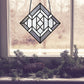 Beginner stained glass pattern for a diamond, instant PDF download, shown hanging in a window with pine cones