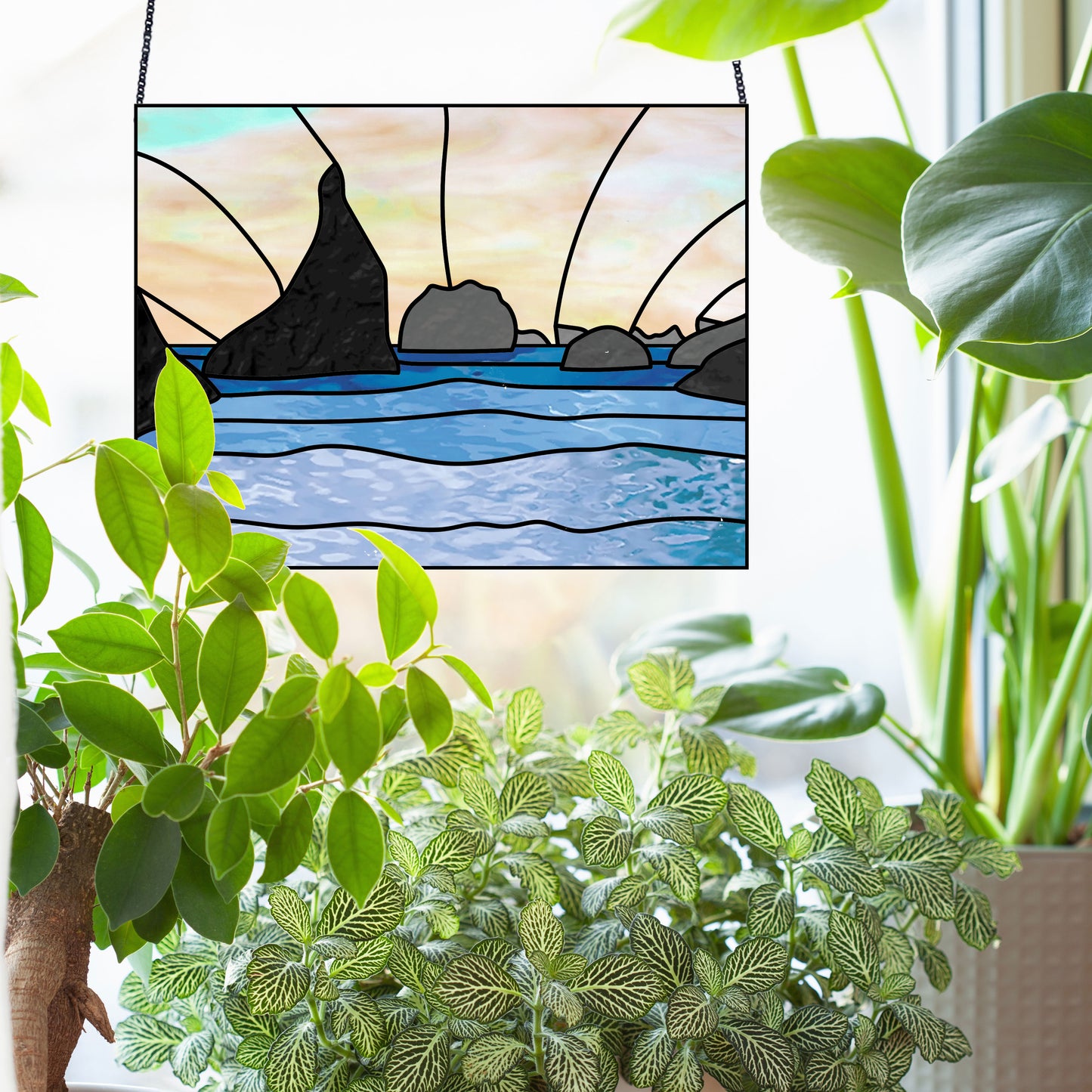 bandon, oregon coast stained glass pattern, instant pdf, panel shown in window with plants