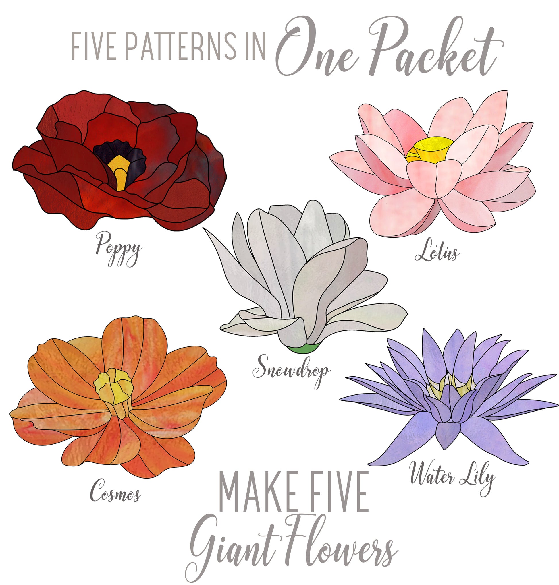 Five stained glass patterns for giant flowers, printing out on 11x17 paper, in one value pack