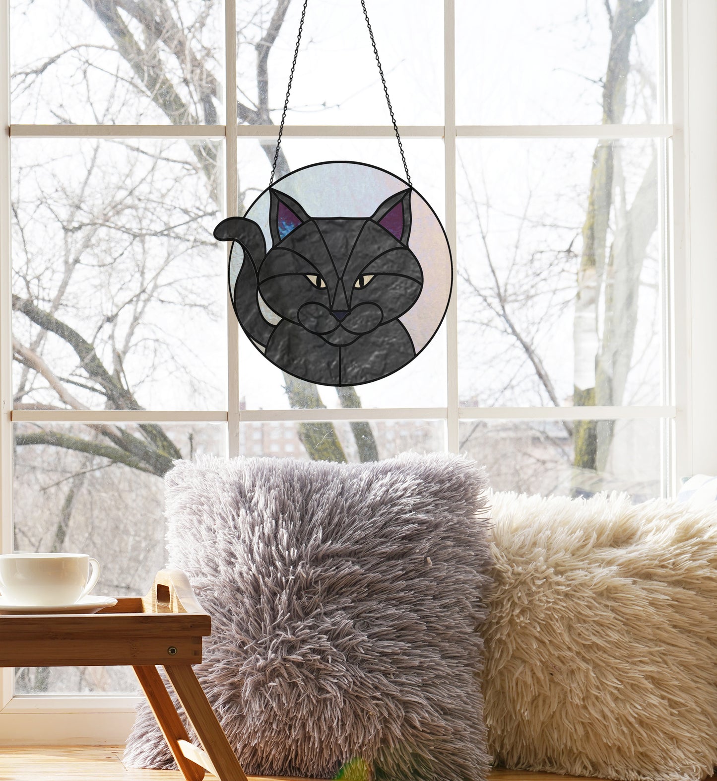Full Moon Halloween Black Cat Stained Glass Pattern
