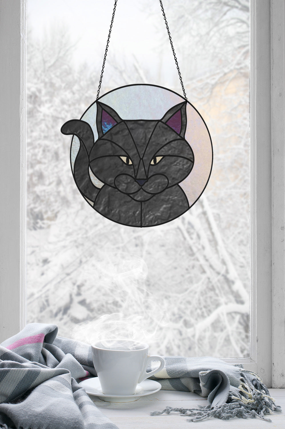 Full Moon Halloween Black Cat Stained Glass Pattern
