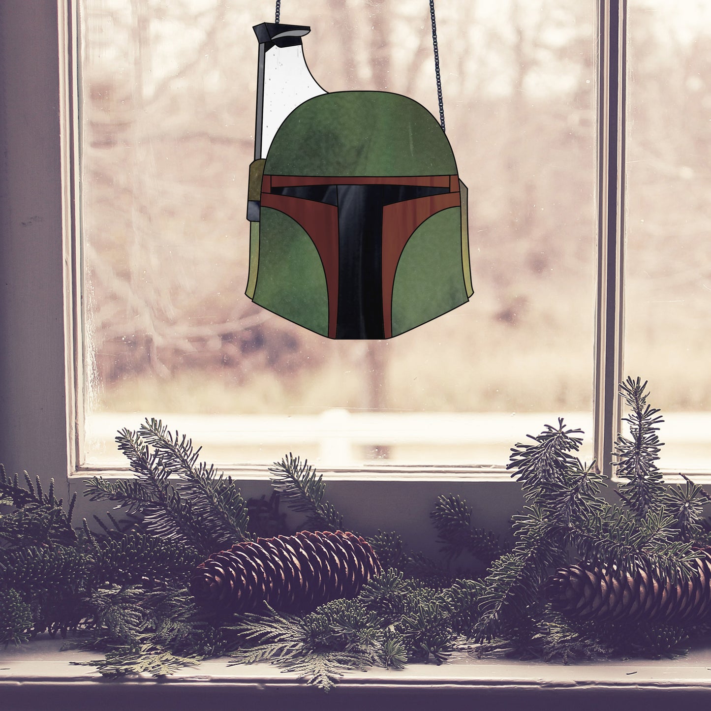Boba Fett Star Wars stained glass pattern, instant pdf download, shown in window with pine cones