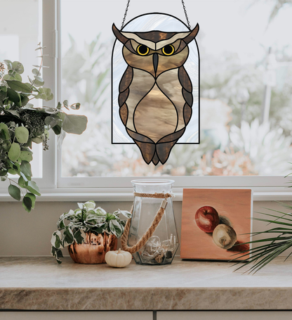 A picture of the Horned Owl Stained Glass Pattern - Boho Arch Pattern from GlassyRock Arts. 