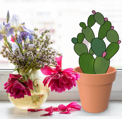 A picture of the Bunny Ears Cactus Succulent Plant Stem Stained Glass Pattern from GlassyRock Arts. 