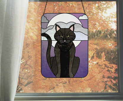 A picture of the Full Moon Halloween Black Cat Stained Glass Panel Pattern from GlassyRock Arts. 