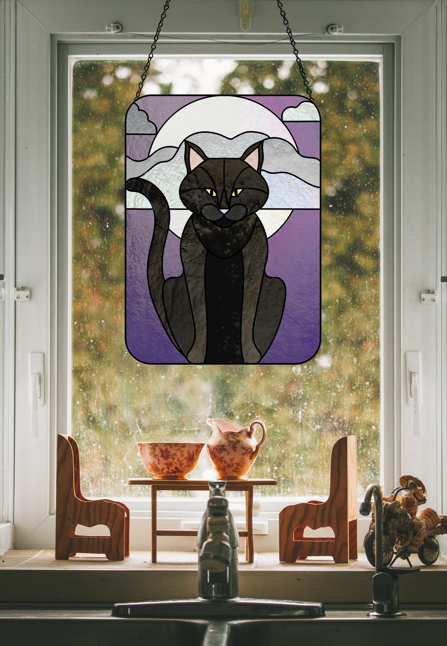 Full Moon Halloween Black Cat Stained Glass Panel Pattern