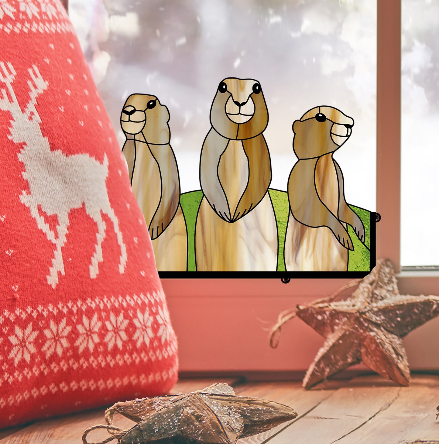 prairie dog stained glass pattern, instant pdf, shown in window with christmas decorations