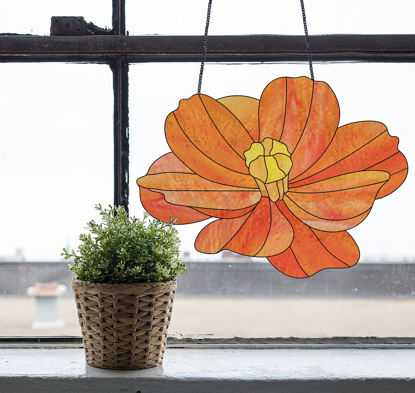 Stained glass pattern for a giant cosmos flower, instant PDF download, shown hanging in a window with a plant
