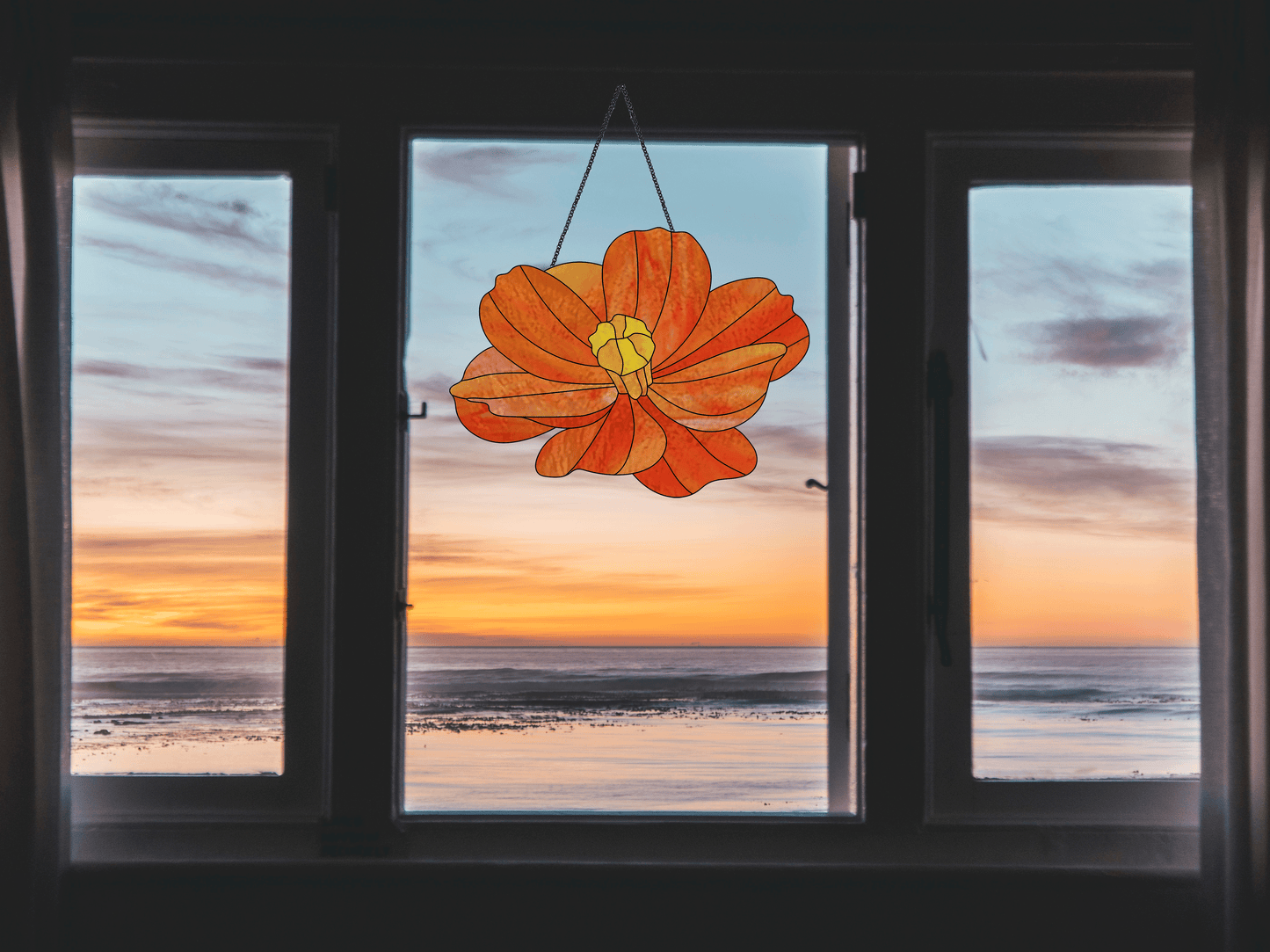 Stained glass pattern for a giant cosmos flower, instant PDF download, shown hanging in a window with a sunset
