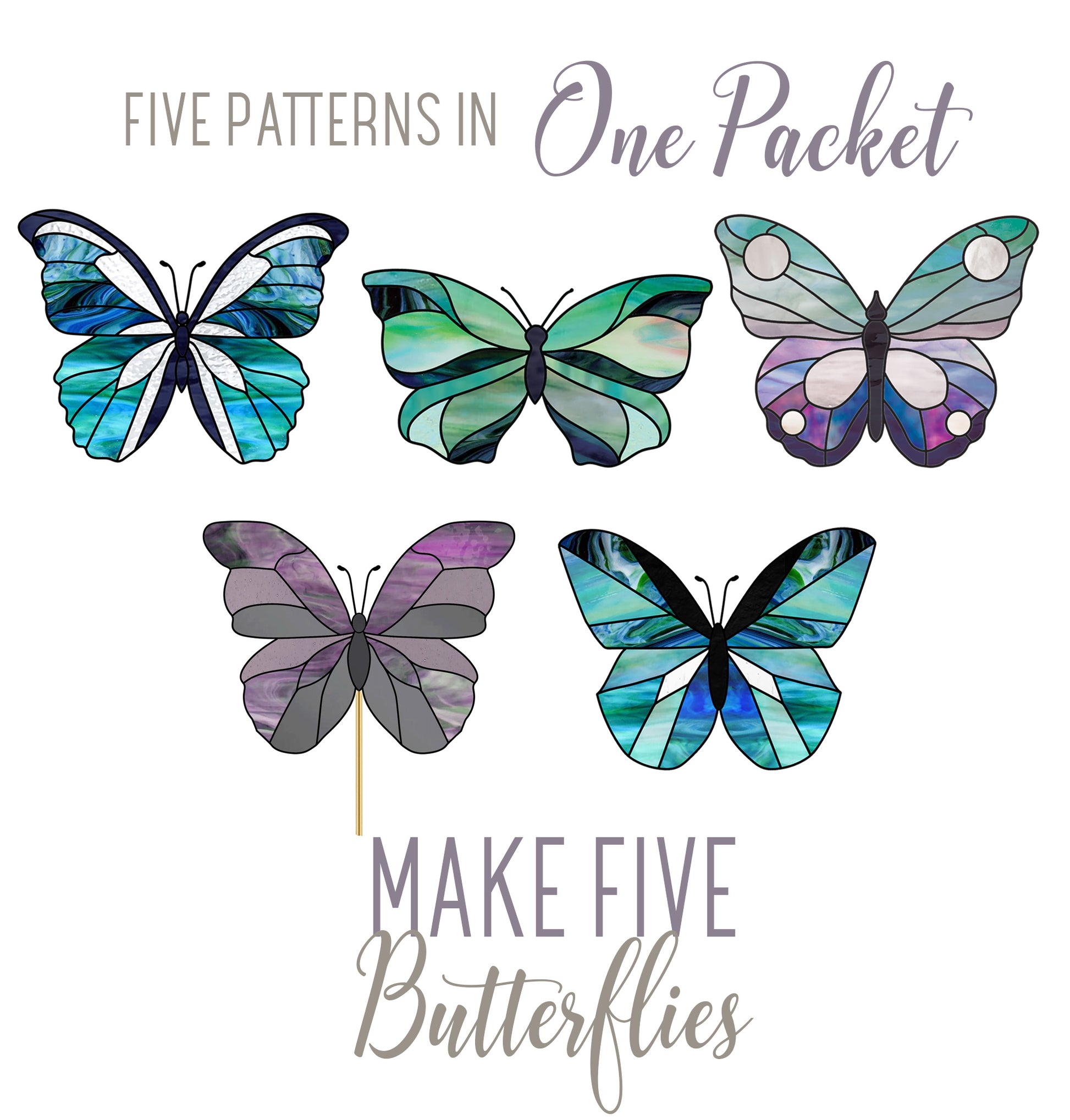 Butterfly stained glass patterns, pack of five, instant download, commercial and hobby licenses included