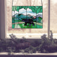 Bear in the forest stained glass pattern, instant pdf, shown in window with pine cones