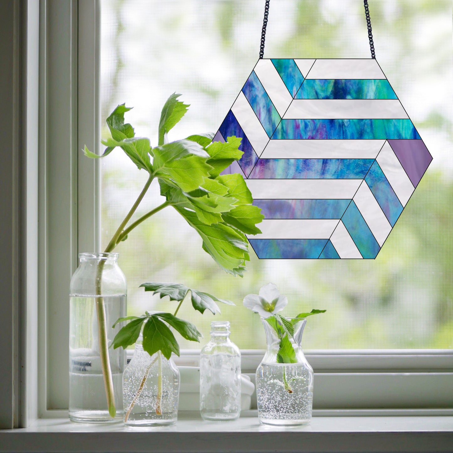 A picture of the Striped Hexagon Beginner Geometric Stained Glass Pattern from GlassyRock Arts. 