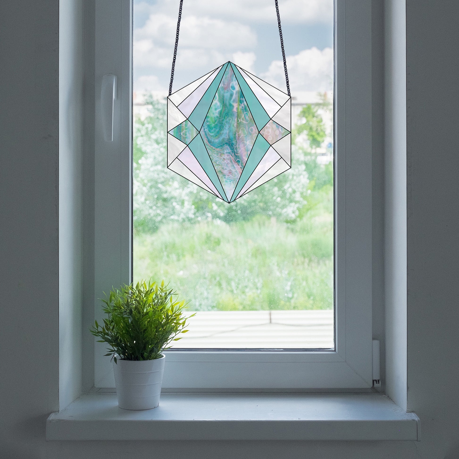 Beginner stained glass pattern for a boho geometric hexagon, instant PDF download, hanging in a window with a plant
