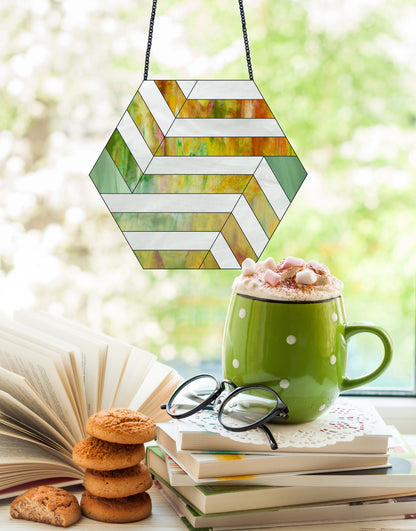 A picture of the Striped Hexagon Beginner Geometric Stained Glass Pattern from GlassyRock Arts. 