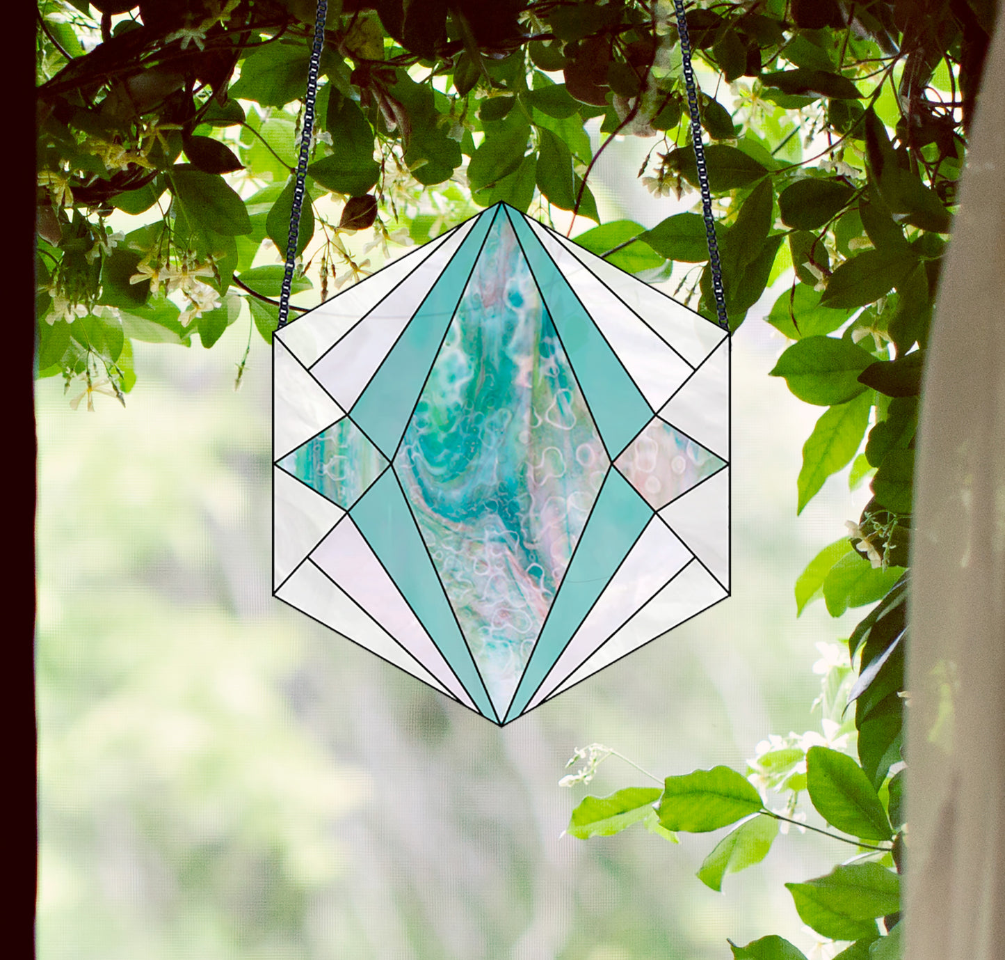 Beginner stained glass pattern for a boho geometric hexagon, instant PDF download, hanging in a window with ivy