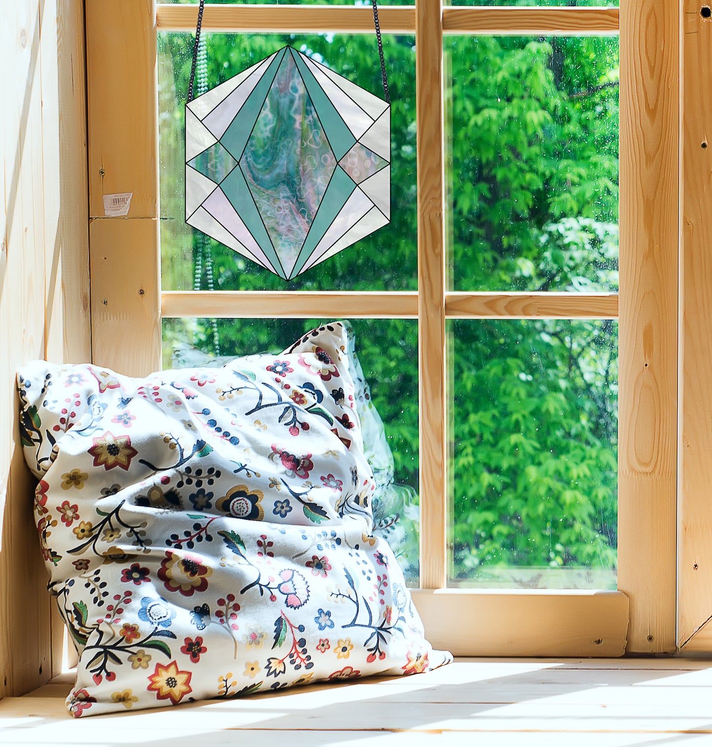 Beginner stained glass pattern for a boho geometric hexagon, instant PDF download, hanging in a window with a pillow