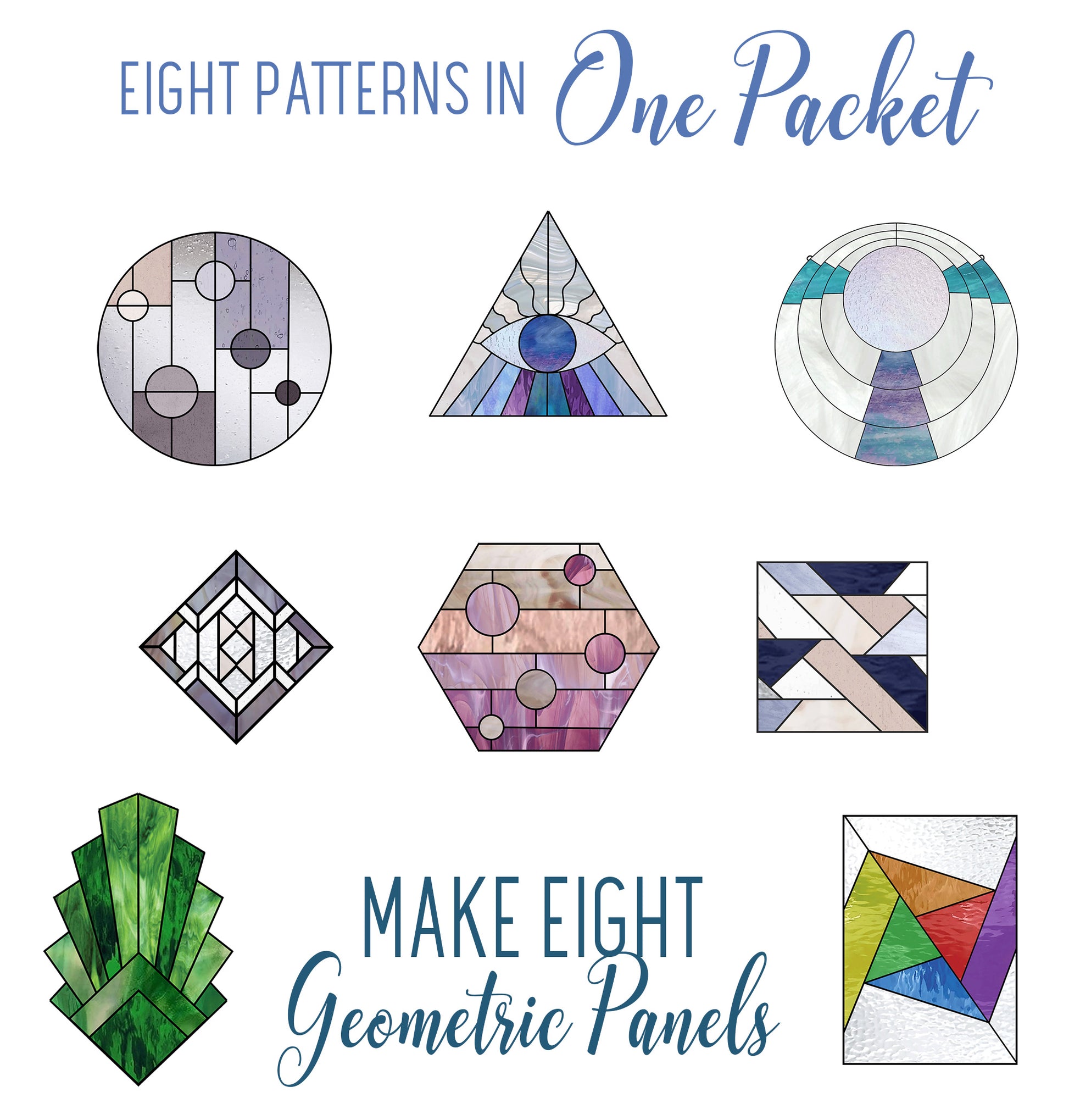 Pack of eight modern geometric stained glass patterns, instant PDF downloads