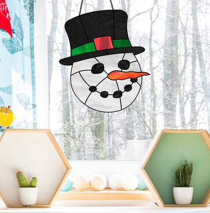 charcoal smile snowman christmas stained glass pattern, instant pdf download, shown in window with snowy background