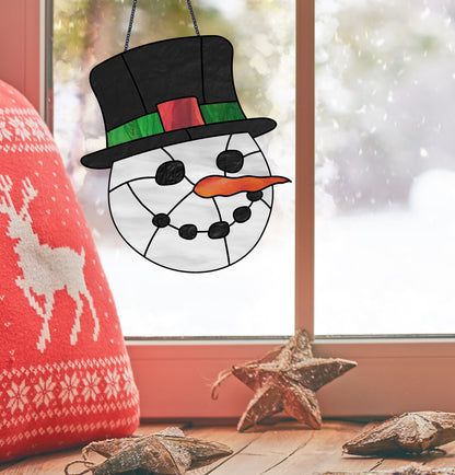 charcoal smile snowman christmas stained glass pattern, instant pdf download, shown in window with Christmas decorations