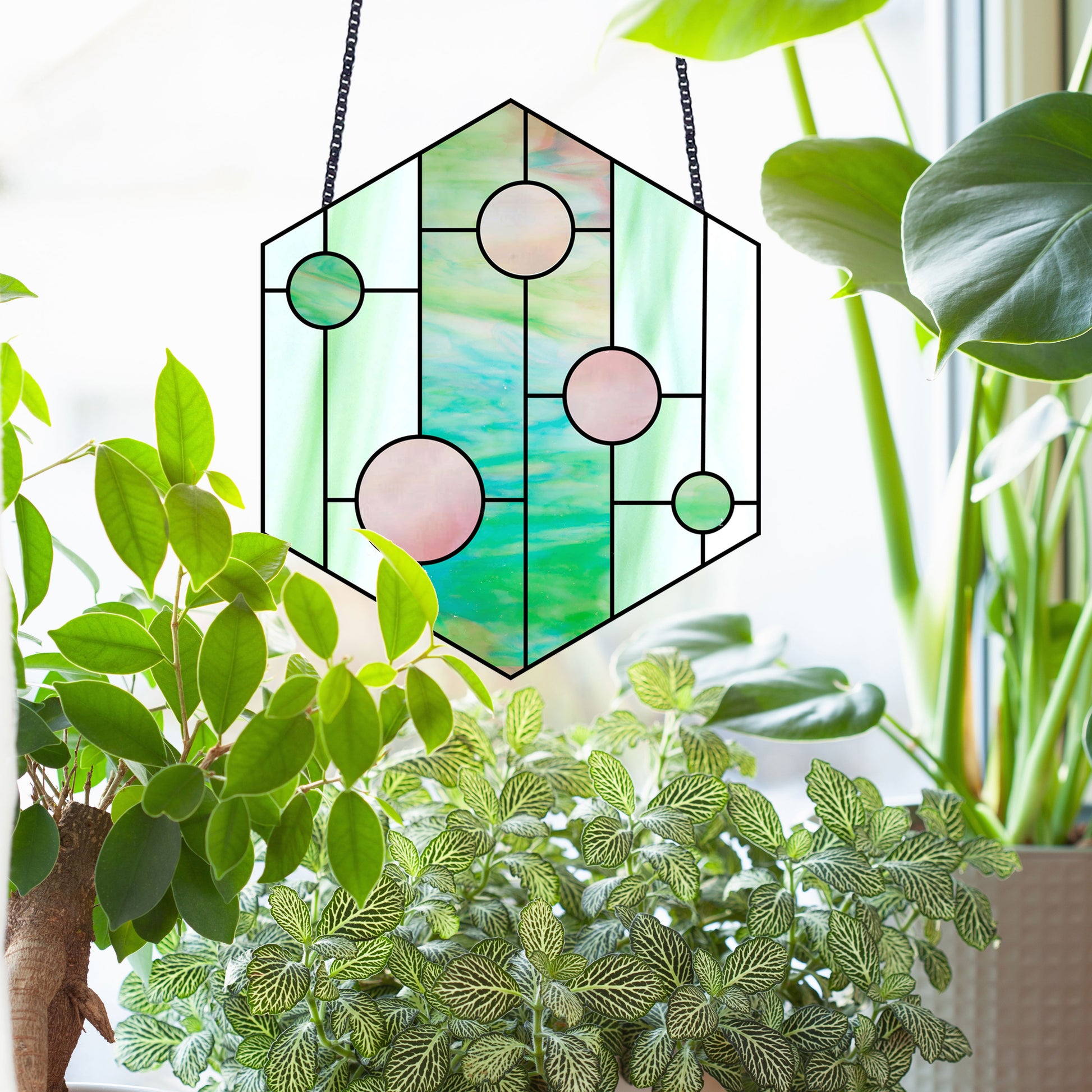 Hexagon geometric stained glass pattern, instant pdf download, shown in window with plants
