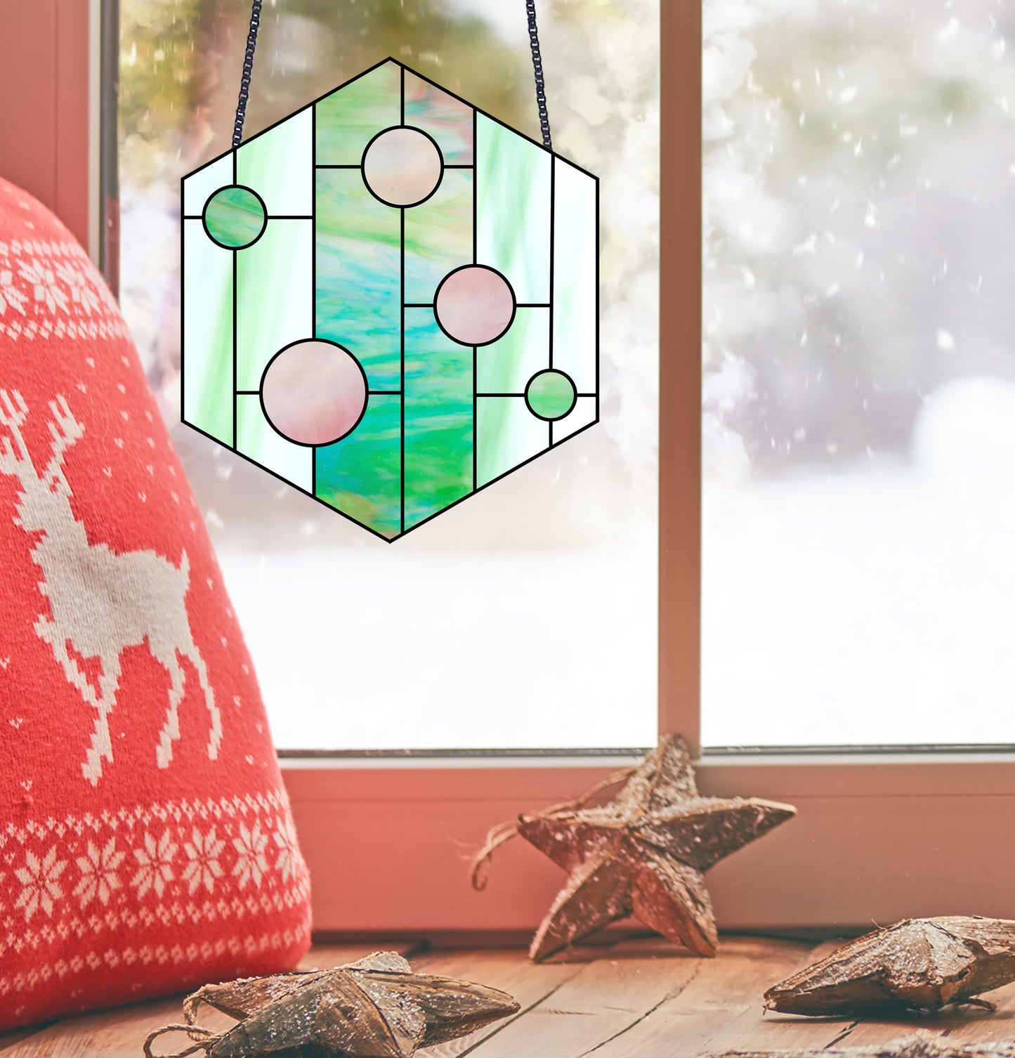 Hexagon geometric stained glass pattern, instant pdf download, shown in window with christmas decorations